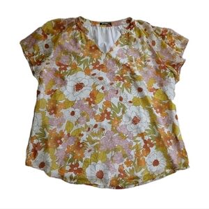 BTFBM Women's Retro Floral XXL Blouse Short Sleeve V Neck Top